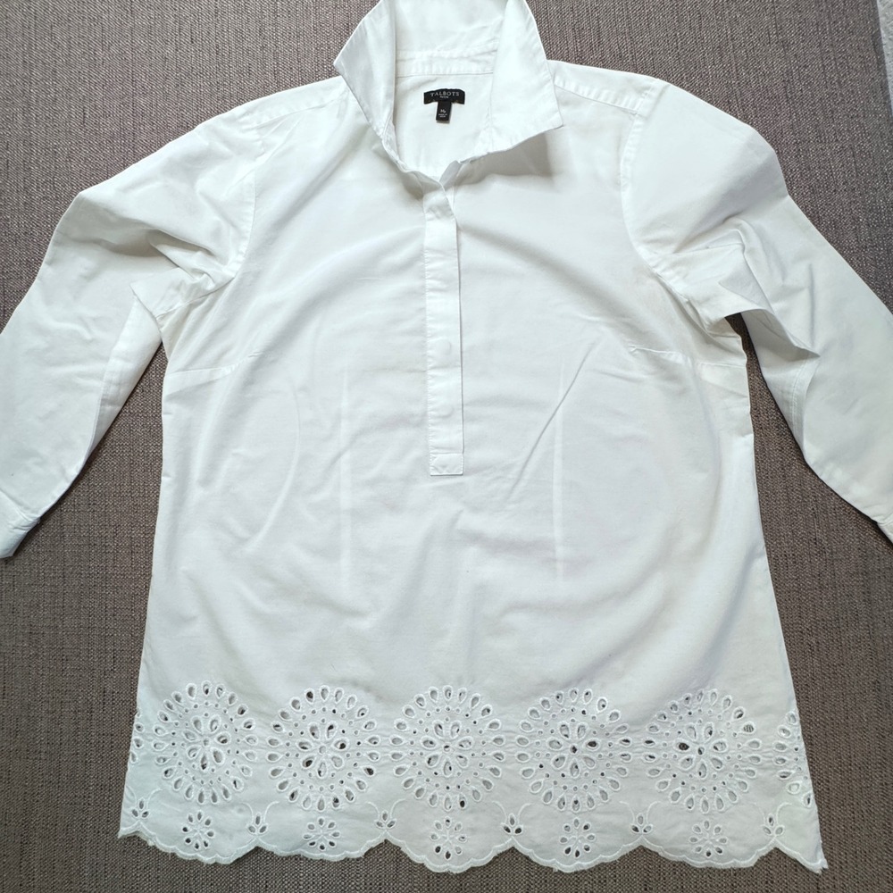 Talbots Petite White Eyelet Hem Long Sleeve Tunic Blouse MP